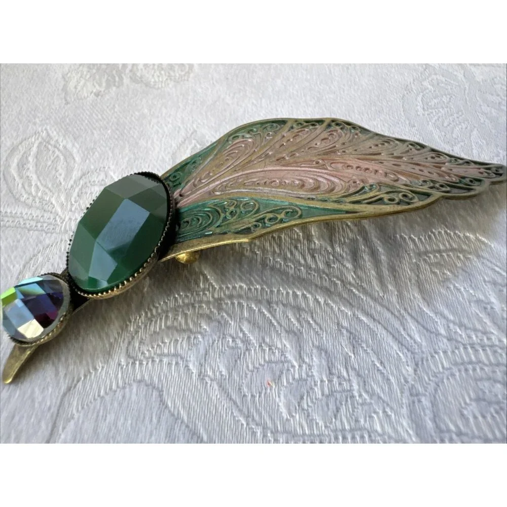 Cara NY Green Gold Rhinestone Feather Hair Barrette Pin Steampunk NEW